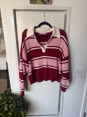Abercrombie and Fitch Striped Rugby Polo Sweater - Pink & Burgundy
